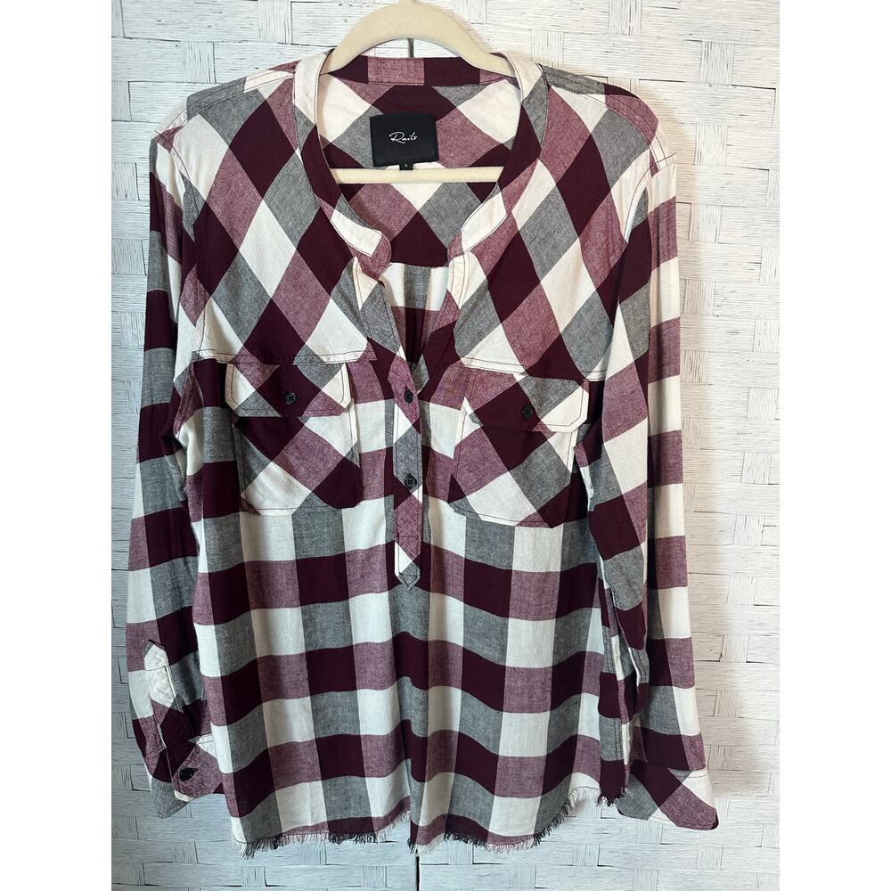 Rails women’s blouse pop over‎ Raham plaid quarter button up buffalo check linen